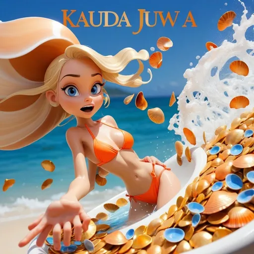 Prompt: Generate a promotional poster the text [ "KAUDA JUWA" ] should arc across the top in bold script font.  Below the focal point of the image are small kauda sea shells (curved oblong brown and white sea shells) pouring the hands of a pretty blonde girl in alluring orange and blue bathing suit, the kauda shells fall towards a wide ocean colored basin, just before the touch the basin they turn to gold coins. The basin itself is full of coins full and overflowing with gold coins.