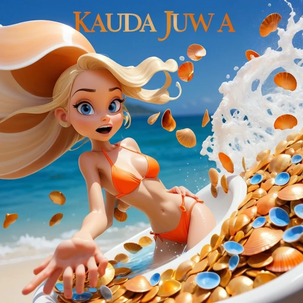 Prompt: Generate a promotional poster the text [ "KAUDA JUWA" ] should arc across the top in bold script font.  Below the focal point of the image are small kauda sea shells (curved oblong brown and white sea shells) pouring the hands of a pretty blonde girl in alluring orange and blue bathing suit, the kauda shells fall towards a wide ocean colored basin, just before the touch the basin they turn to gold coins. The basin itself is full of coins full and overflowing with gold coins.