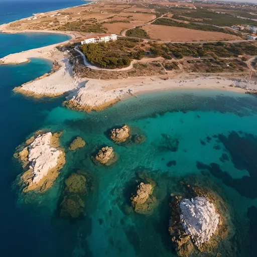 Prompt: Nissi Island captured with a drone in cyprus at sunset. The scenery schools look super dramatically 
