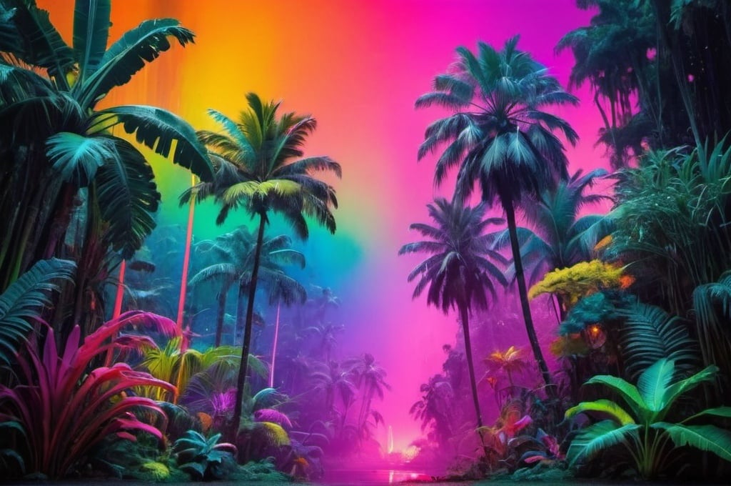 Prompt: neon rainbow jungle