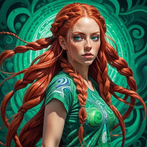 Prompt: Full-body athletic woman with long flowing red hair and braids, photorealistic, emerald-colored anime eyes, psychedelic art style, vibrant colors, swirling patterns, surreal background, detailed features, high-res, intricate design, psychedelic art, photorealism, flowing hair, vibrant colors, surreal, detailed eyes, intricate patterns, athletic build, full-body, vibrant art, intense expression, surrealistic background