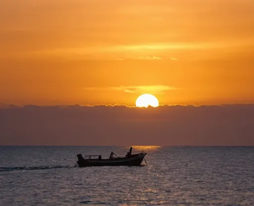 Prompt: a sunset over the ocean with clouds and a sun setting in the distance with a small boat in the water, Aquirax Uno, dau-al-set, sun, a stock photo