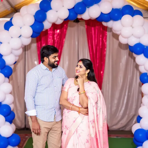 Prompt: The image shows a man and a woman standing in front of a large arch made of white and blue balloons. The arch is set up in a tent-like structure with a red curtain in the background. The man is wearing a striped shirt and khaki pants, while the woman is dressed in a traditional Indian outfit. They are both smiling and looking at each other, with the man's arm around the woman's waist. The woman is also wearing a pink saree with a floral pattern and has her hand on her chin. They appear to be engaged in a conversation.