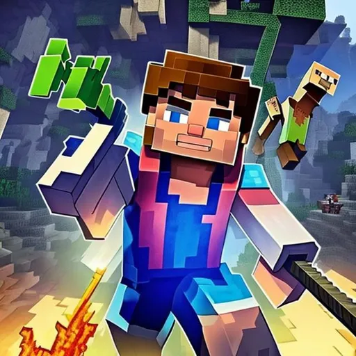 Prompt: Minecraft for ps4 with text above the cover art with Steve holding a pickaxe mining ore in a gray cave with stone and Alex holding a torch with red hair