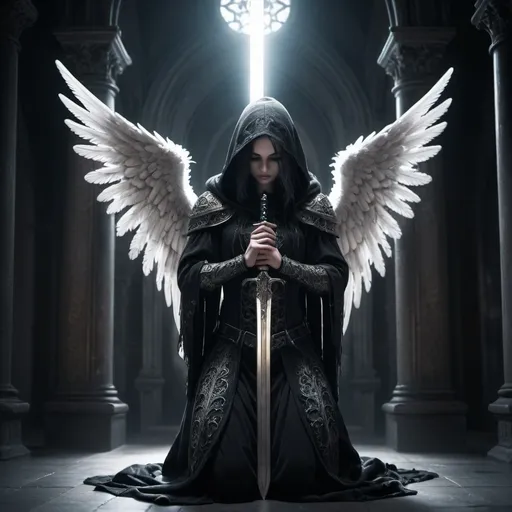 Prompt: kneeling hooded gothic faced Angel with sword