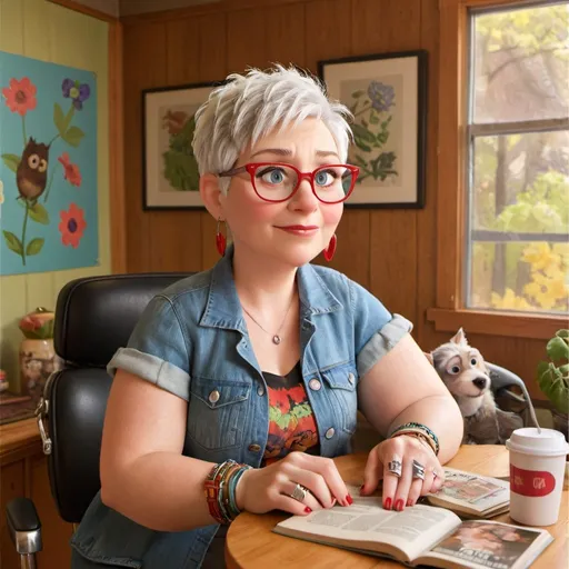 Prompt: whimsical older plus size caucasian woman with short spikey pixie cut white hair. her eyes are forest green, her nails are medium-length and red. She is wearing oversized square glasses with red frames, she is wearing silver feather earrings, silver stack bracelets, she is wearing multiple silver rings, she is wearing hippy-style clothing, blue jeans, and red Converse sneakers. She sits on a overstuffed chair reading a book. her yorkie laying in her lap. a cup of tea on the table beside her.