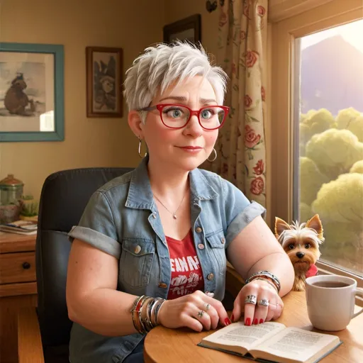 Prompt: whimsical older plus size caucasian woman with short spikey pixie cut white hair. her eyes are forest green, her nails are medium-length and red. She is wearing oversized square glasses with red frames, she is wearing silver feather earrings, silver stack bracelets, she is wearing multiple silver rings, she is wearing hippy-style clothing, blue jeans, and red Converse sneakers. She is sitting in an overstuffed chair reading a book. her golden Yorkie laying in her lap. a cup of tea in a china cup on the table beside her. sunlight streams thru the window.