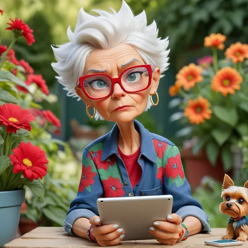 Prompt: whimsical older caucasian woman with short spikey white hair. she has green eyes, she is wearing oversized square glasses with red frames, hippy style flowing shirt,blue jeans and red converse sneakers. she sits in a garden, surrounded by flowers, her golden colored yorkie by her side. With a determined expression,she swipes through a tablet smartphone.