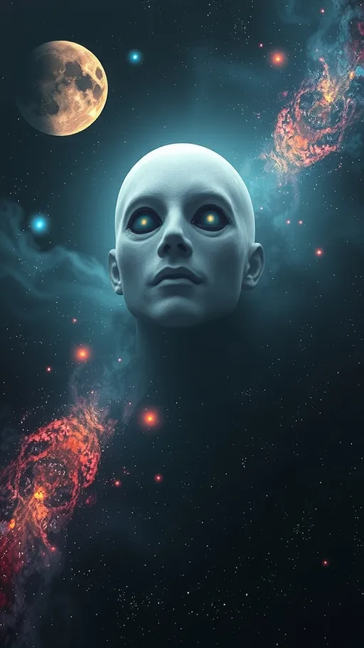 Prompt: (Massive Cosmic humanoid entity), godly presence, glowing eyes, smooth surface radiating light, deep space backdrop with vibrant nebulas, dazzling stars scattered throughout, ethereal aura, dynamic contrast against a cool black space, high depth cinematic masterpiece, ultra-detailed, mesmerizing and otherworldly vibe.