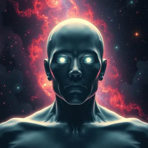 Prompt: (Massive Cosmic humanoid entity), godly presence, glowing eyes, smooth surface radiating light, deep space backdrop with vibrant nebulas, dazzling stars scattered throughout, ethereal aura, dynamic contrast against a cool black space, high depth cinematic masterpiece, ultra-detailed, mesmerizing and otherworldly vibe.