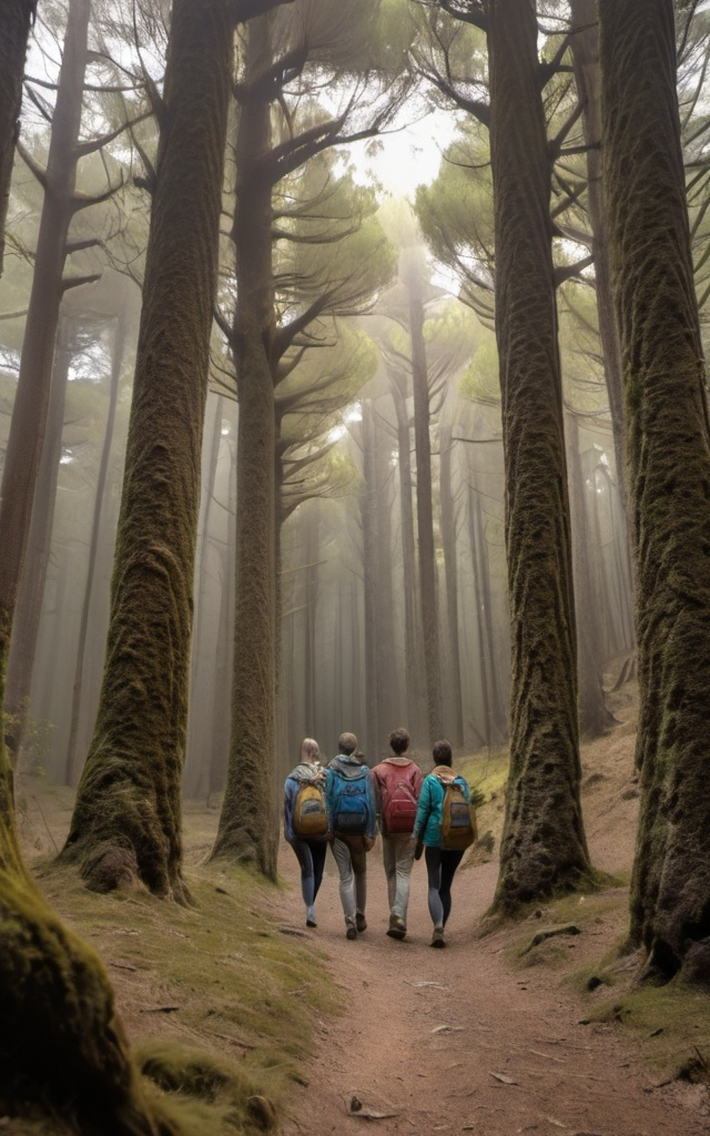 Prompt: A group of friends walking inside an old abondante forest