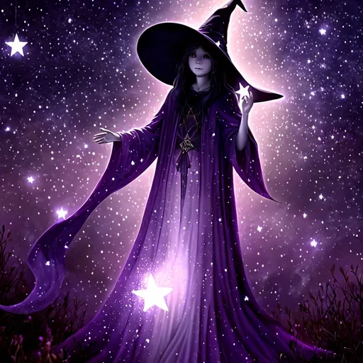 Prompt: (a ghost human boy), white opaque skin, soft purple eyes, purplish hair filled with stars, wearing a flowing purple robe adorned with stars, beautifully sparkling witch's hat, ethereal and otherworldly ambiance, mystical and enchanting atmosphere, warm purple tones against a dark, starry background, soft, luminescent lighting, ultra-detailed, high-quality image.