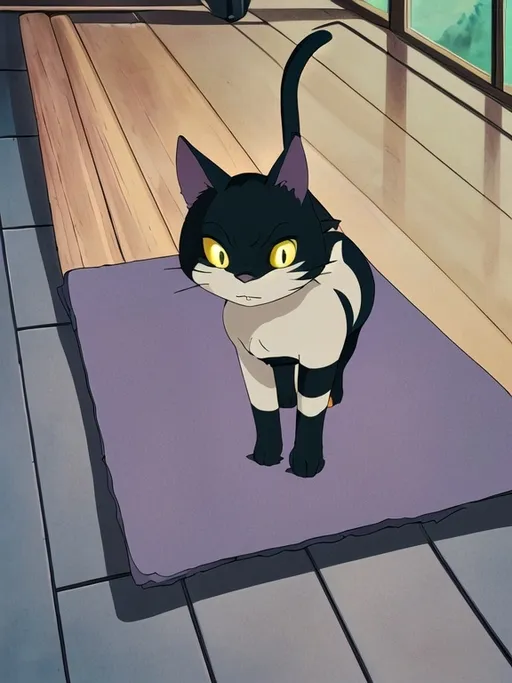 Prompt: A sleek, striped cat stands on a woven grey mat, its fur a blend of light and dark browns accentuated by distinct black markings that form a harmonious pattern. The cat's large, expressive eyes are a striking yellow, conveying both curiosity and a calm demeanor as it gazes off to the side. Behind it, a rustic backdrop features a yellow wall, slightly weathered, adding warmth to the scene. The cat's posture is confident yet relaxed, with its ears perked up, suggesting an alertness to its surroundings. The lighting casts soft shadows, enhancing the details of the cat's features and the texture of the mat, while the overall composition captures a serene moment in this everyday setting.