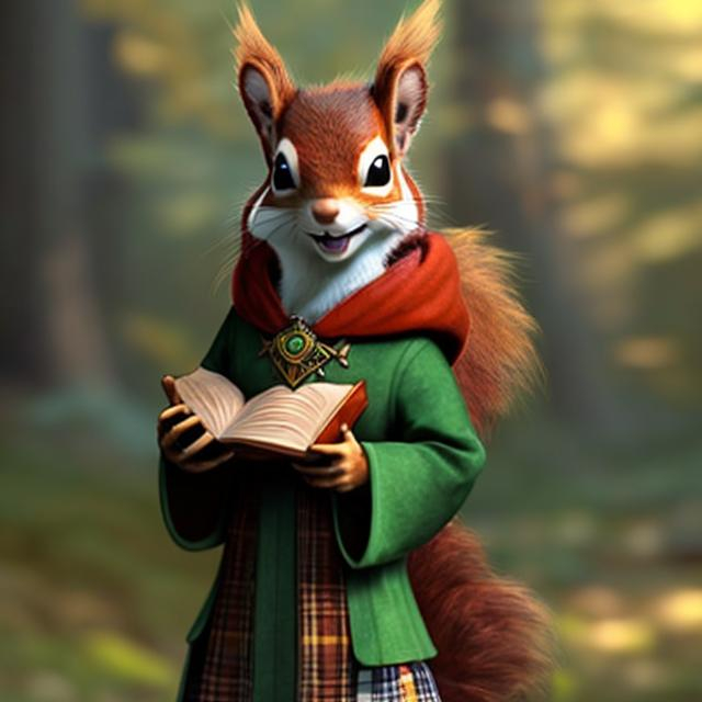 Prompt: An anthropomorphic female red squirrel wearing green and brown plaid cleric robes, a necklace with an acorn pendant carrying a book