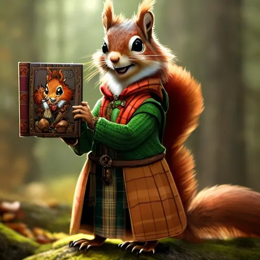 Prompt: An anthropomorphic female red squirrel wearing green and brown plaid cleric robes, a necklace with an acorn pendant carrying a book