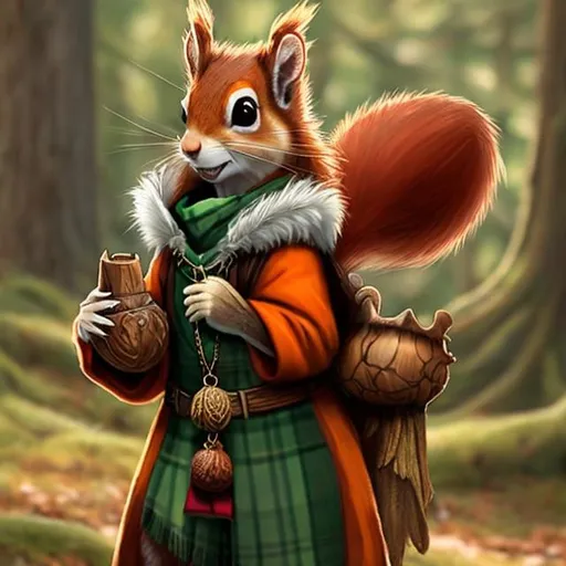 Prompt: An anthropomorphic female red squirrel wearing green and brown plaid cleric robes, a necklace with an acorn pendant carrying a book