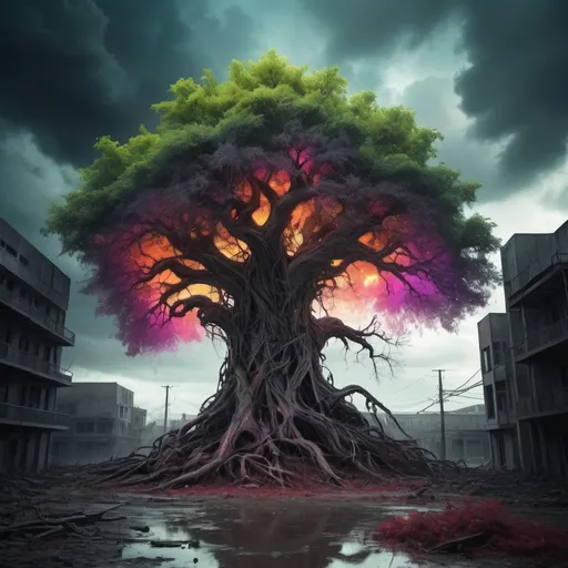 Prompt: Vibrant tree in dystopia grim background