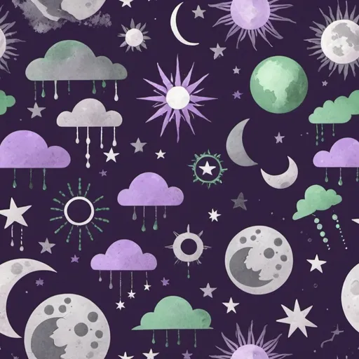 Prompt: Weather image sun, rain, wind, moon and stars. Style: futuristic, purple grey and green color schemes. Feminine and rock vibes.