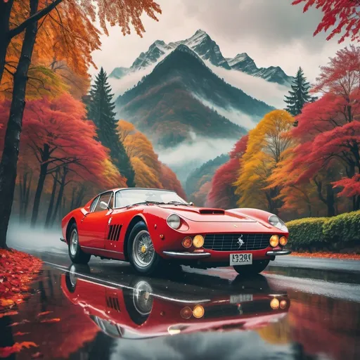 Prompt: (vintage Ferrari car), majestic mountain peak, misty rain in the background, towering trees with (vibrant mixed-colored leaves), cool color tones, serene yet dramatic atmosphere, water droplets on the car, ultra-detailed, cinematic composition, emphasizing the beauty of nature contrasted with classic automobile elegance,studio ghibli style