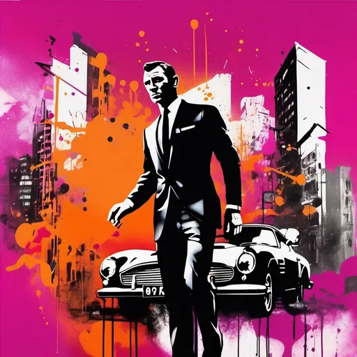 Prompt: Graffiti art of (James Bond), vibrant (splatter painting) of (city life), (magenta and orange gradient) background, small black accents, dynamic urban textures, lively street style, bold colors and intricate details, modern and edgy aesthetic, high quality (HD), artistic expression with a cinematic feel, contemporary urban vibe, energetic atmosphere, captivating visual storytelling.