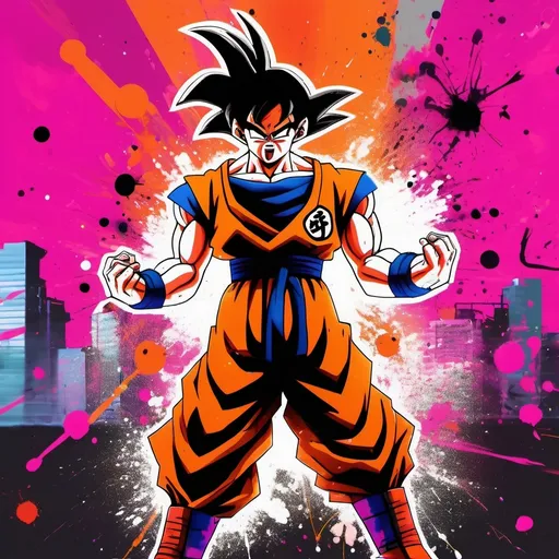 Prompt: (Graffiti of Goku), vibrant splatter painting, dynamic city-life scene, (magenta and orange gradient background), small black dots scattered throughout, high contrast colors, energetic atmosphere, urban vibe, street art style, bold and expressive, capturing motion and excitement, ultra-detailed artwork, 4K resolution, visually striking composition.