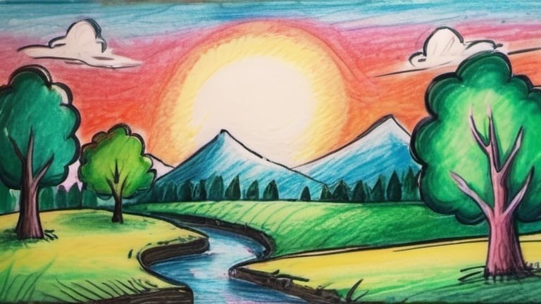 Prompt: a landscape in the style of crayon technique simple and childish 5 years old in 2d