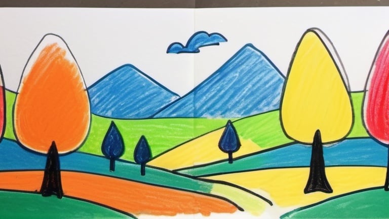 Prompt: a landscape in the style of simple and childish crayon technique in 2d