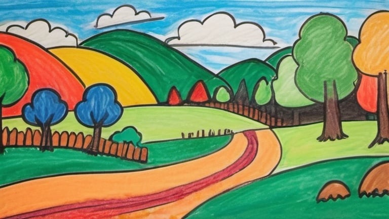 Prompt: a landscape in the style of crayon technique simple and childish 5 years old in 2d