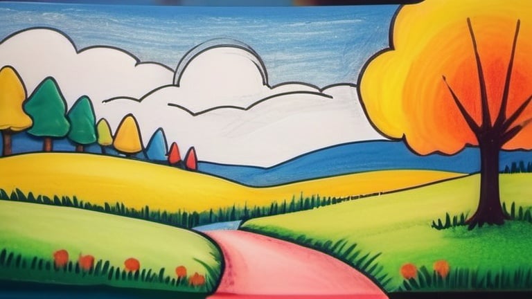 Prompt: a landscape in the style of simple and childish crayon technique in 2d