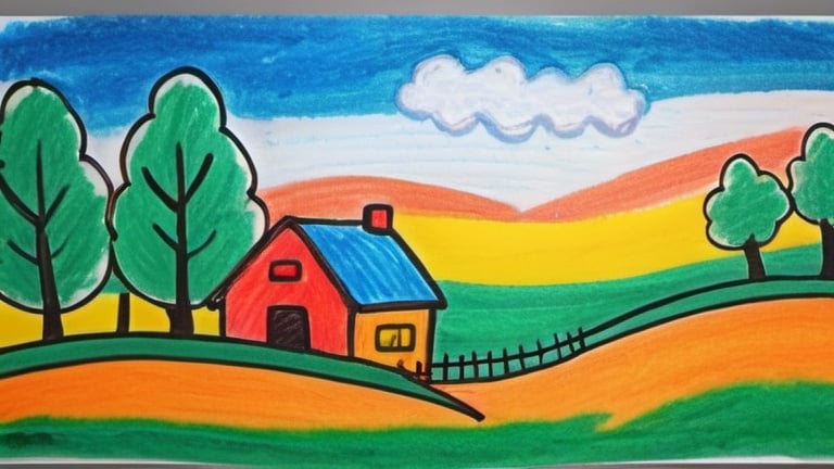 Prompt: a landscape in the style of crayon technique simple and childish 5 years old in 2d