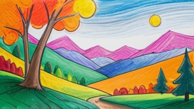 Prompt: a landscape in the style of children's crayon technique in 2d