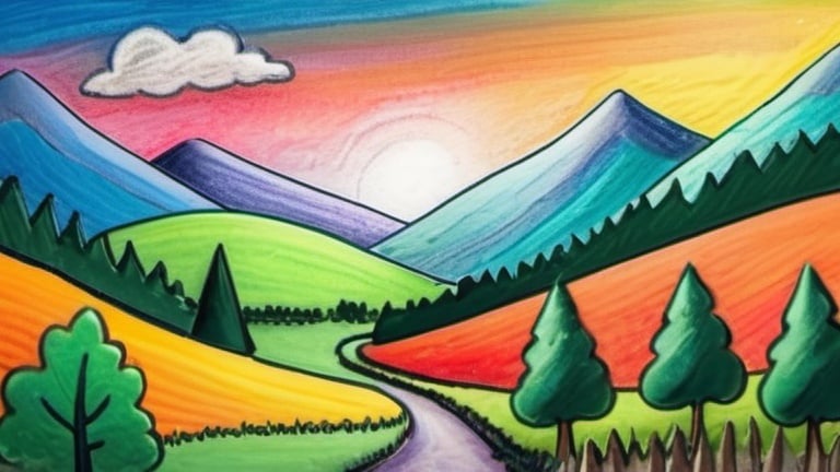 oil pastel painting of Landscape with mountains, for...