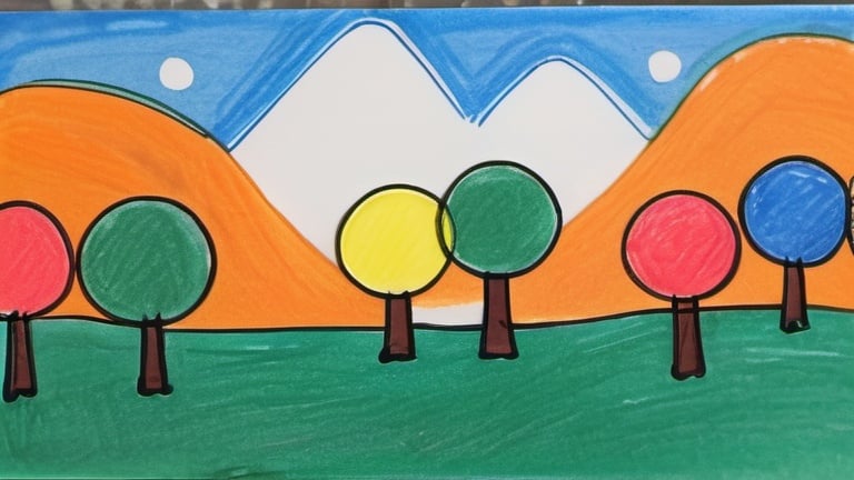 Prompt: a landscape in the style of crayon technique simple and childish 5 years old in 2d