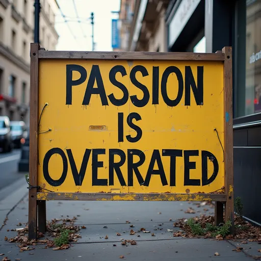 Prompt: Sign reads"passion is overrated"