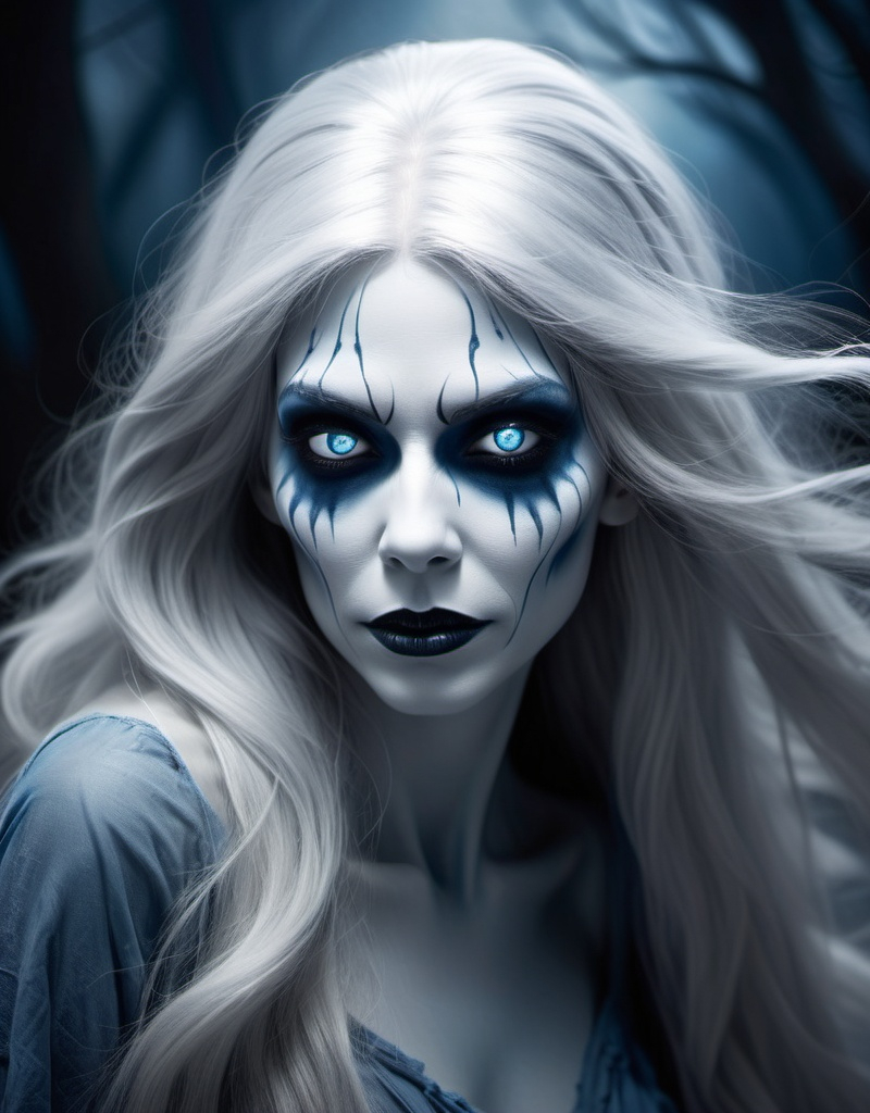 Prompt: (Silver Banshee), eerie ghostly figure, hauntingly beautiful silhouette, long flowing silver hair, glowing ethereal eyes, dramatic swirling mist surrounding her, (mysterious atmosphere), cool color tones with shades of silver and blue, moonlit backdrop, high depth cinematic masterpiece, (ultra-detailed), evoking feelings of awe and intrigue, otherworldly presence.