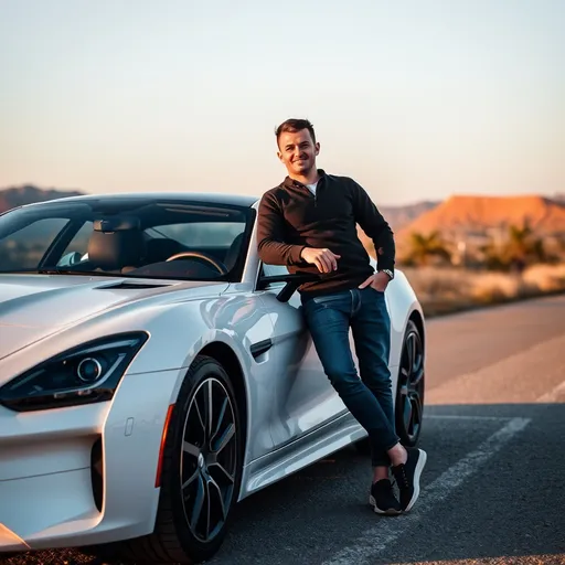 Prompt: Man leans against nice car