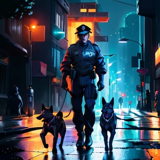 Prompt: (cop walking K9 down the street), (dynamic scene), nighttime setting, moonlit shadows, city lights reflecting off wet pavement, vibrant urban colors, (highly detailed), (professional photograph), strong emotions of companionship and duty, K9 focused and alert, cop in uniform holding leash confidently, slightly dramatic ambiance