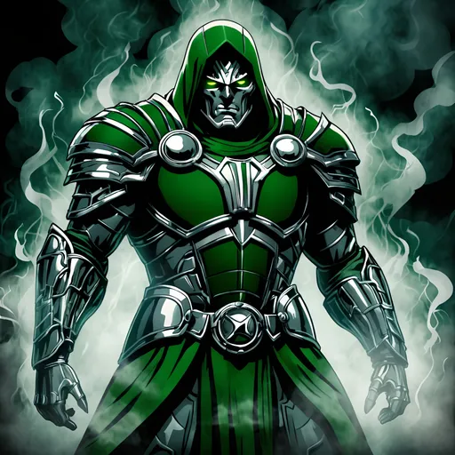 Prompt: (victor von doom), powerful figure in menacing armor, dark and edgy design, intense expression, dramatic pose, dimly lit background with ominous shadows, cinematic atmosphere, cool tones with hints of metallic silver and deep green, surrounded by wisps of smoke or energy, ultra-detailed, 4K quality, epic comic book style.