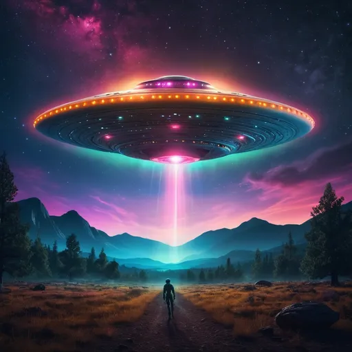 Prompt: (centered UFO), glowing against a starry night sky, illuminated with vibrant colors, mysterious atmosphere, cosmic elements surrounding, awe-inspiring, high resolution, cinematic depth, sci-fi aesthetic, hovering above a serene landscape, capturing the essence of alien encounters, ultra-detailed, ethereal light beams shooting down, evoking curiosity and wonder.