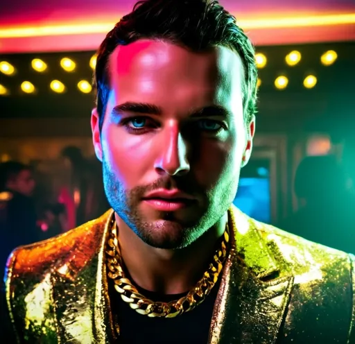 Prompt: (Man with dark brown hair celebrating with gold chain, gold and diamond ring), vibrant club atmosphere, (full body pose), (luxurious attire), dynamic lighting effects, lively background with colorful neon lights, energetic vibe, high-quality details, joyful expression, surrounded by friends, upscale decor, (ultra-detailed), upbeat music ambiance, captivating nightlife scene.