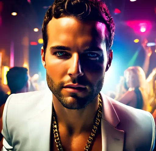 Prompt: (Man with dark brown hair celebrating with gold chain, gold and diamond ring), vibrant club atmosphere, (full body pose), (luxurious attire), dynamic lighting effects, lively background with colorful neon lights, energetic vibe, high-quality details, joyful expression, surrounded by friends, upscale decor, (ultra-detailed), upbeat music ambiance, captivating nightlife scene.