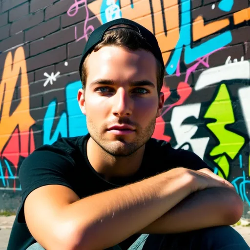 Prompt: A young light skin  American man wearing a black T-shirt and a black new era hat backwards, and black slim straight jeans with classic black and converse