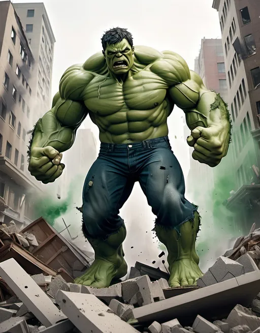 Prompt: The Hulk standing amidst rubble in a devastated cityscape, his massive green muscles flexed, fists clenched, roaring with intensity as smoke and debris swirl around him.