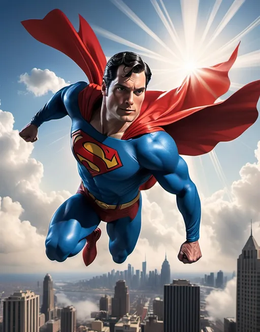 Prompt: A powerful image of Superman soaring through a bright blue sky with rays of sunlight illuminating his iconic red and blue suit with the “S” emblem on his chest, his red cape billowing dramatically behind him, set against a background of clouds and cityscape far below