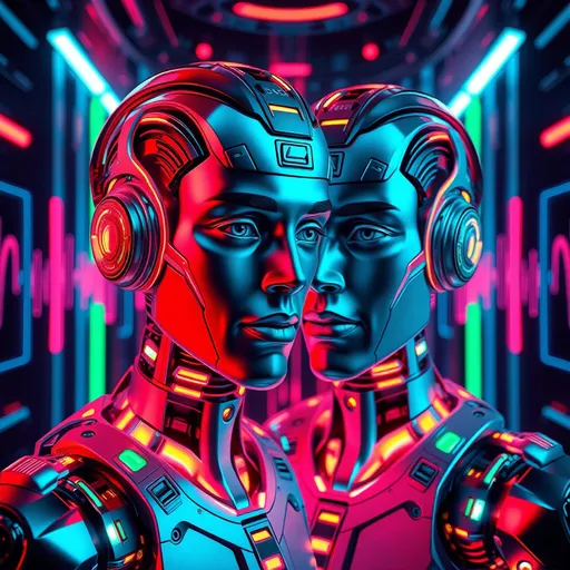 Prompt: (Voice cloning concept), futuristic technology, ultra-detailed design, sleek machinery, vibrant neon colors, cool tones, intense lighting, background with digital waves, abstract sound patterns, captivated atmosphere, modern aesthetics, hint of sci-fi elements, emphasizing connectivity and innovation, high quality 4K resolution.