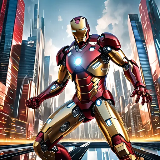 Prompt: (Ironman), a futuristic armored superhero, intricate mechanical details on the suit, striking red and gold colors, dynamic pose showcasing strength, high-tech background with city skyline, (cinematic lighting) highlighting chrome reflections, vibrant ambiance, energetic atmosphere, ultra-detailed, HD, visually captivating, futuristic design elements, action-packed scene.