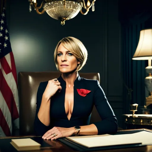 Prompt: (Main subject: Claire Underwood inspired character wearing TRUMP attire), (confident pose), (surrounded by opulent decor), modern political setting, (strong facial features), sharp gaze, (cold color tones), high contrast lighting, (powerful and ambitious vibe), luxurious details, (4K ultra-detailed image), dramatic atmosphere, (the essence of ambition and influence).