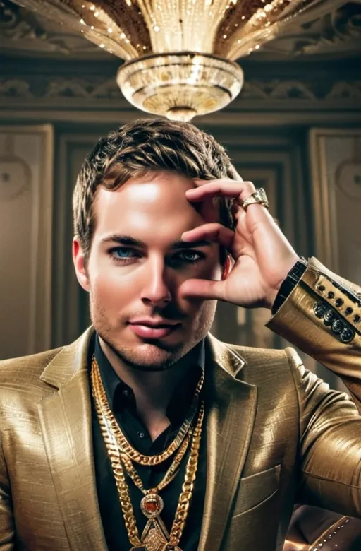 Prompt: A (wealthy man) adorned with (opulent gold rings) and a (luxurious gold necklace), exuding an aura of prosperity, sophisticated attire, surrounded by a lavish background, (highly detailed), (luxurious). The ambiance is extravagant and regal, with (warm golden tones) enveloping the scene, (HD quality), highlighting the man's (confident expression) and (exquisite accessories).