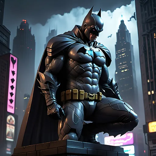 Prompt: Create a detailed, dramatic scene of a vigilante inspired by Batman, set in a dark, rain-soaked city with towering skyscrapers shrouded in mist. The hero, wearing a high-tech armored suit with a long flowing cape, stands perched on the edge of a gothic gargoyle atop a skyscraper, overlooking the neon-lit streets below. The cityscape is filled with a mix of industrial grit and futuristic elements—hovering vehicles, glowing advertisements, and shadowy alleyways. Capture the tension as lightning streaks across the sky, illuminating the hero’s sharp silhouette while they prepare to dive into action against a gang of criminals in a chaotic, burning warehouse. Emphasize the duality of the hero’s strength and humanity, with their piercing eyes visible through the mask, reflecting a mix of determination and inner turmoil.”