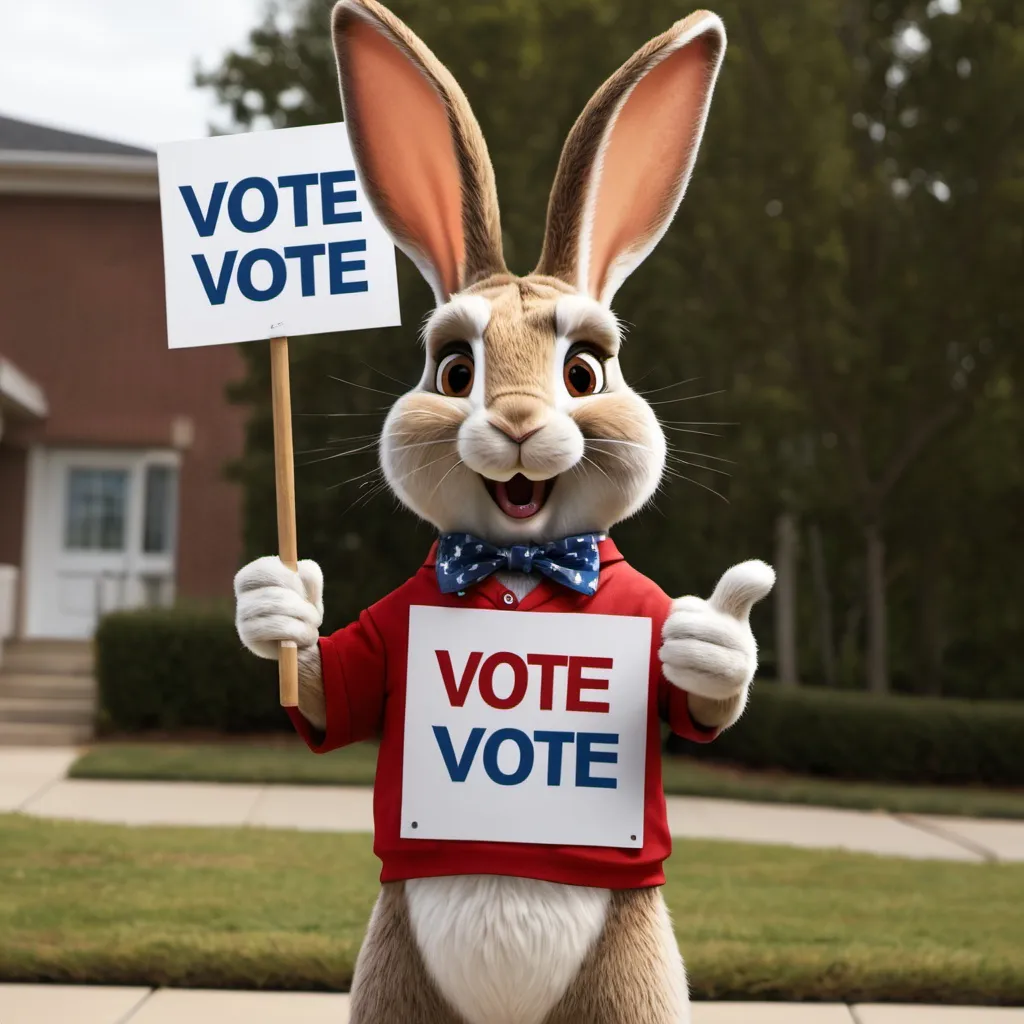 Prompt: Rodger Rabbit holding a sign saying "vote"